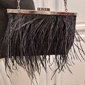 Elegant Black Satin With Ostrich Feather Clutch